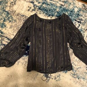 Rachel Zoe black and gold metallic silk balloon sleeve blouse